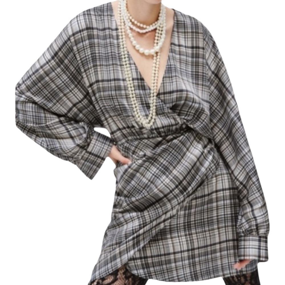 Zara Plaid Satin Effect Dress Women’s Size XS Short Flirty Preppy Top Oversized